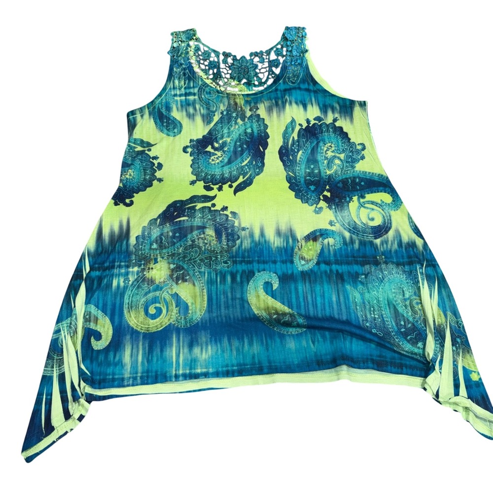Vintage Paisley Crochet Lace Tank Top Womens Medium Green Blue Good Only‎ Nine